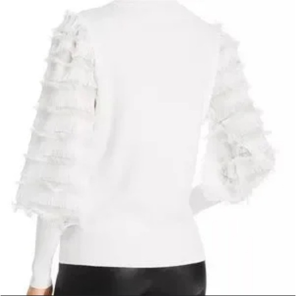 Sioni Milano Jewel Neck Women's White Sweater has Fringe Trim Bishop Sleeves Med - Picture 6 of 9
